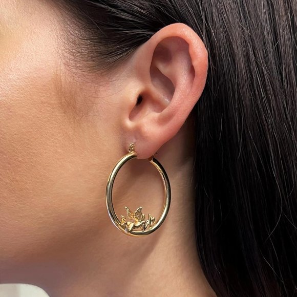 Rachel Koen Cupid Angel Hollow Round Hoop Earrings 14K Yellow Gold